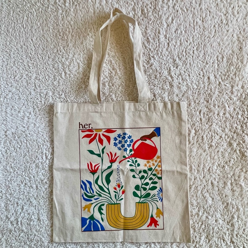 Her Gardening Beige Floral Canvas Shoulder Tote Bag